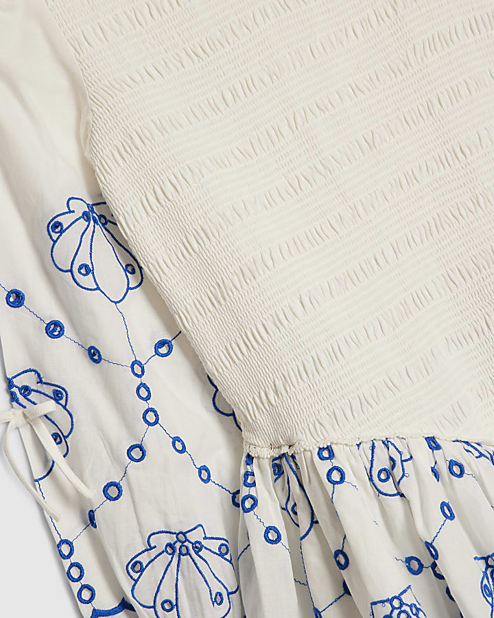 Girls White Shirred Dress