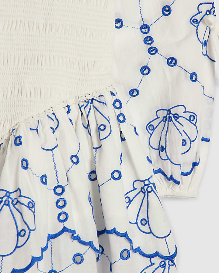 Girls White Shirred Dress