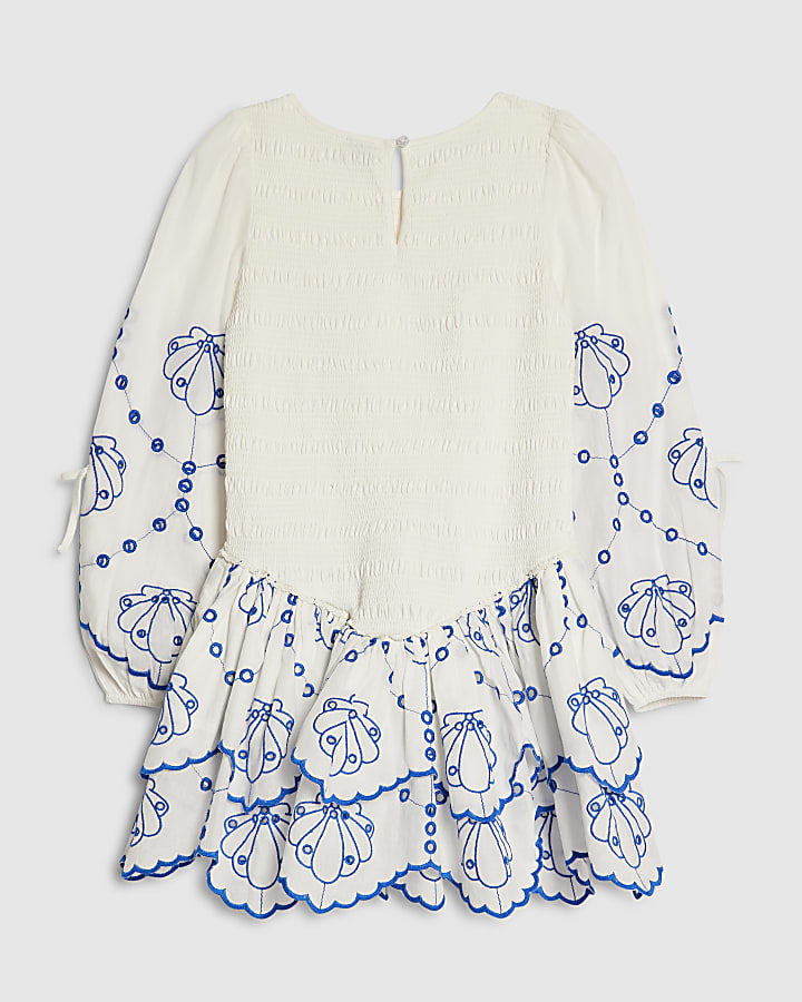 Girls White Shirred Dress