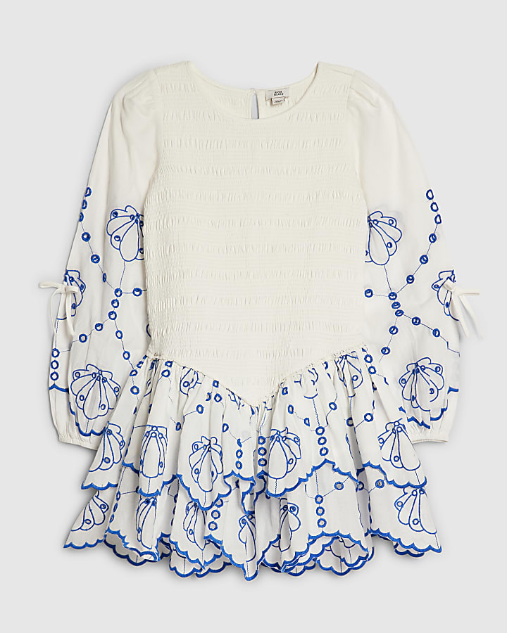 Girls White Shirred Dress