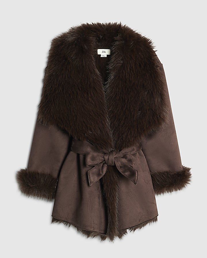 Girls Brown Faux Suede Coat