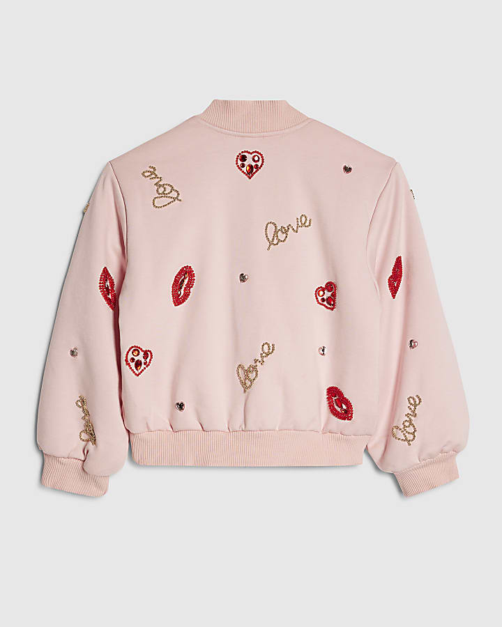 Girls Pink Embellished Lips Bomber Jacket