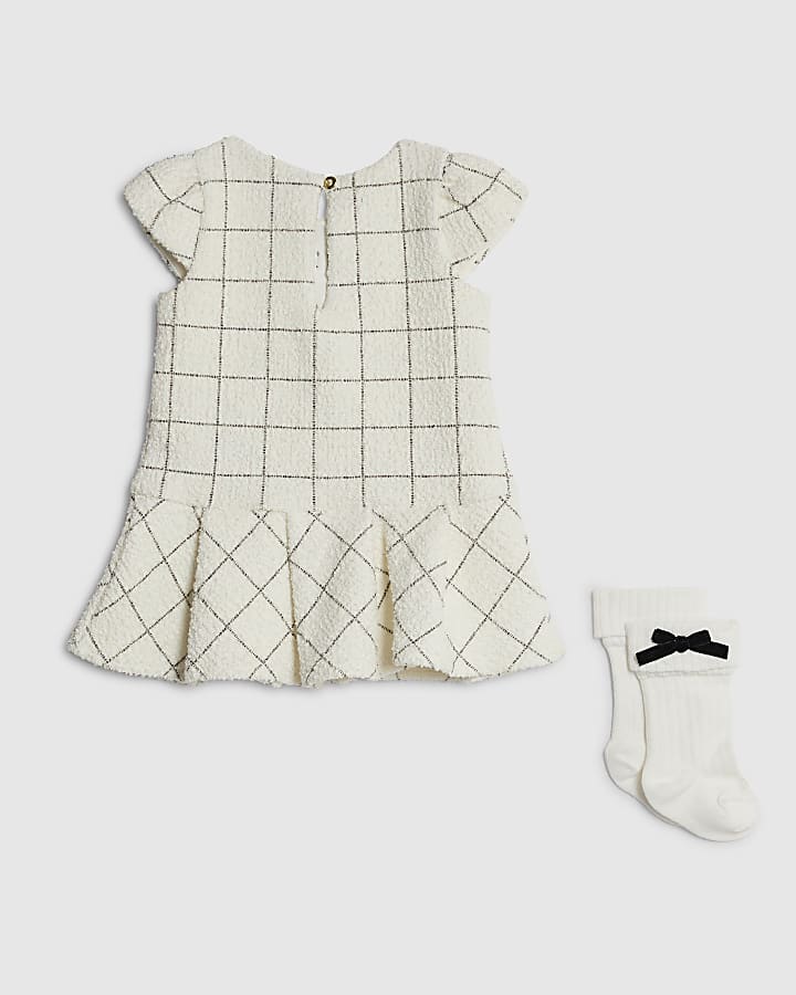Baby Girls Cream Check Dress and Socks Set