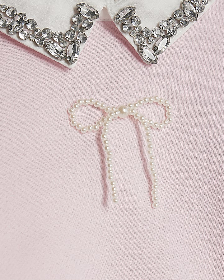 Girls Pink Embellished Collar Sweatshirt
