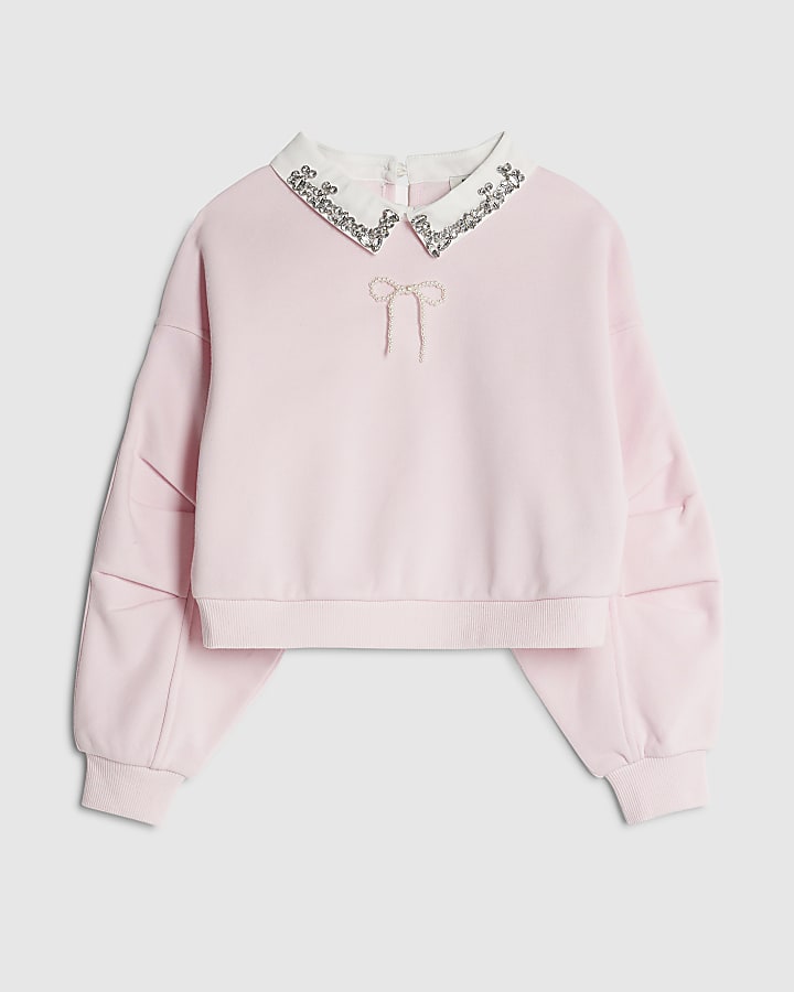 Girls Pink Embellished Collar Sweatshirt