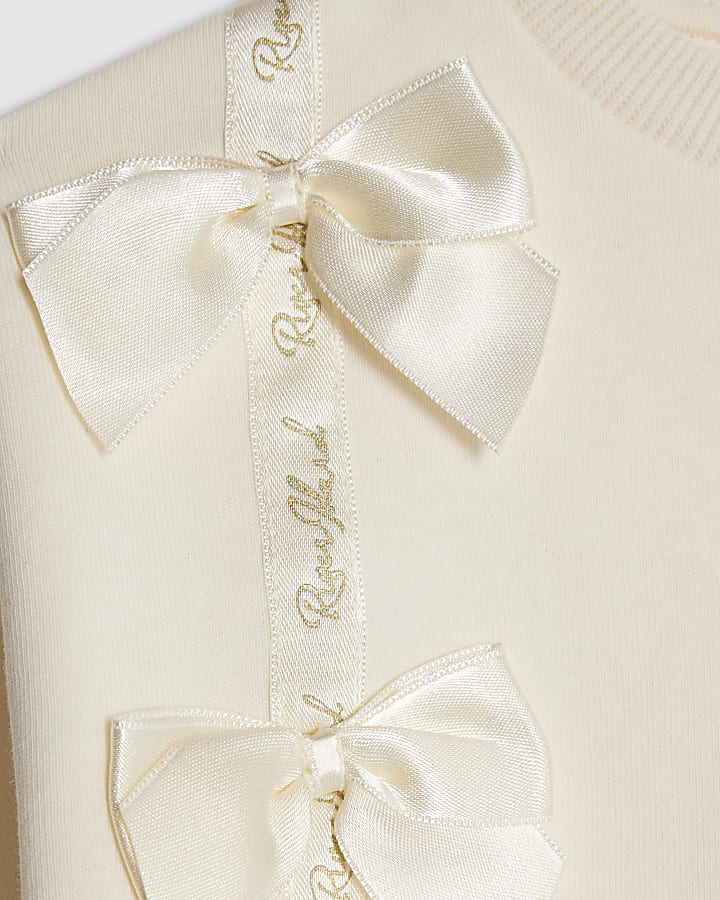 Mini Girls Cream Satin Bow Sweatshirt Set