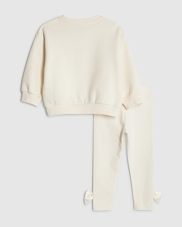 Mini Girls Cream Satin Bow Sweatshirt Set