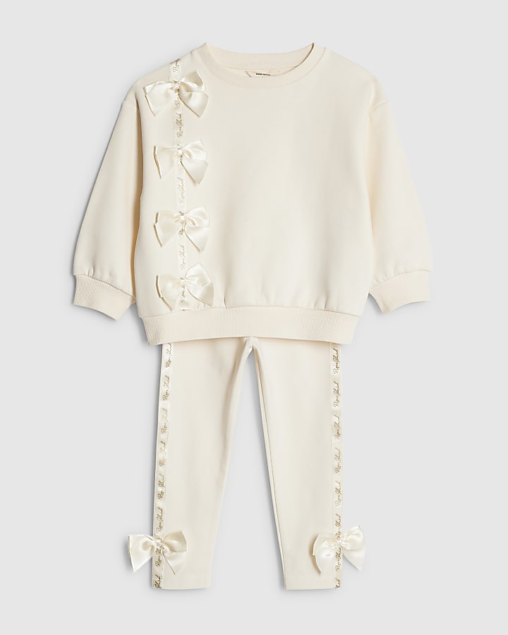 Mini Girls Cream Satin Bow Sweatshirt Set