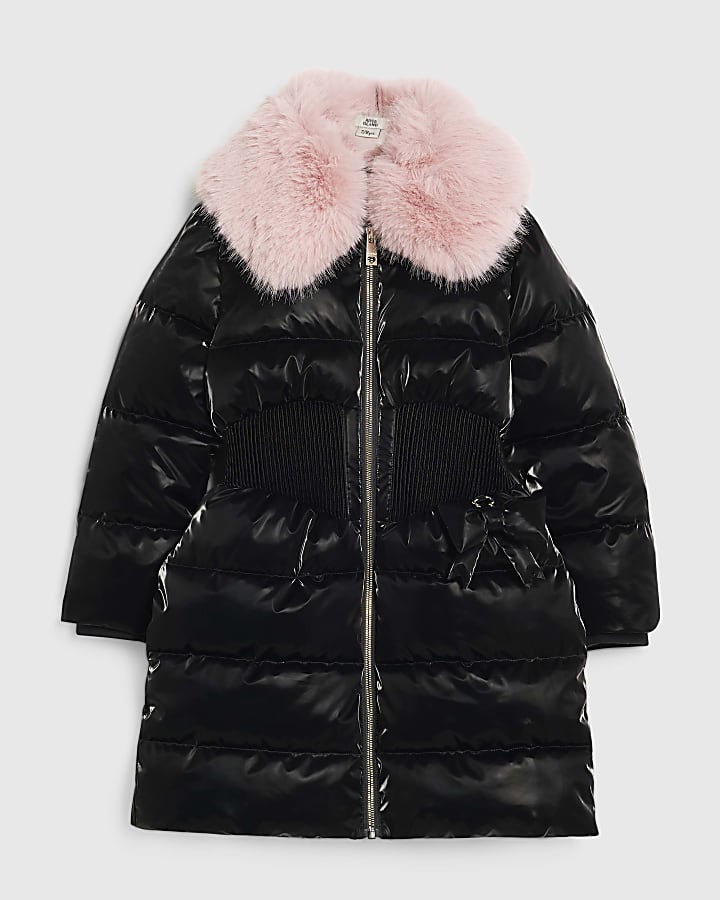 Girls Black Waisted Padded Jacket