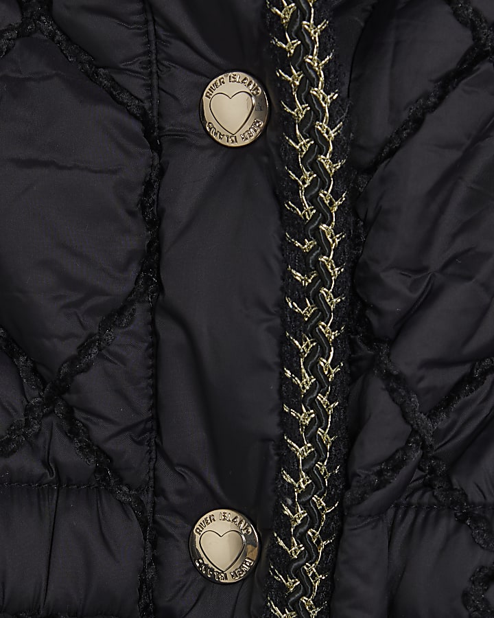 Mini Girls Black Hooded Bow Padded Coat