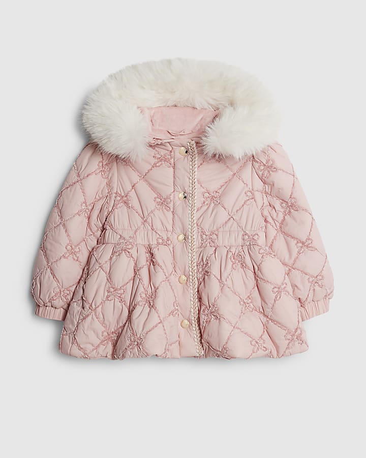 Mini Girls Pink Hooded Bow Padded Coat