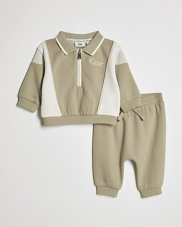Baby Boys Khaki Colour Blocked Sweatshirt Set