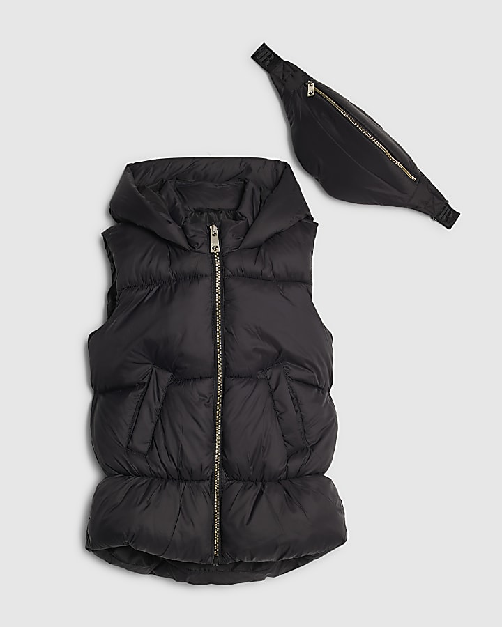 Girls Black Gillet With Crossbody Bag Set