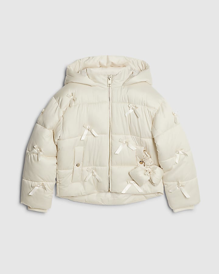 Girls Cream 3D Bow Padded Jacket
