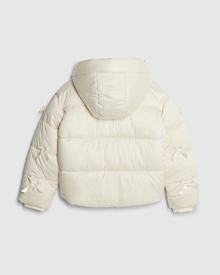 Girls Cream 3D Bow Padded Jacket