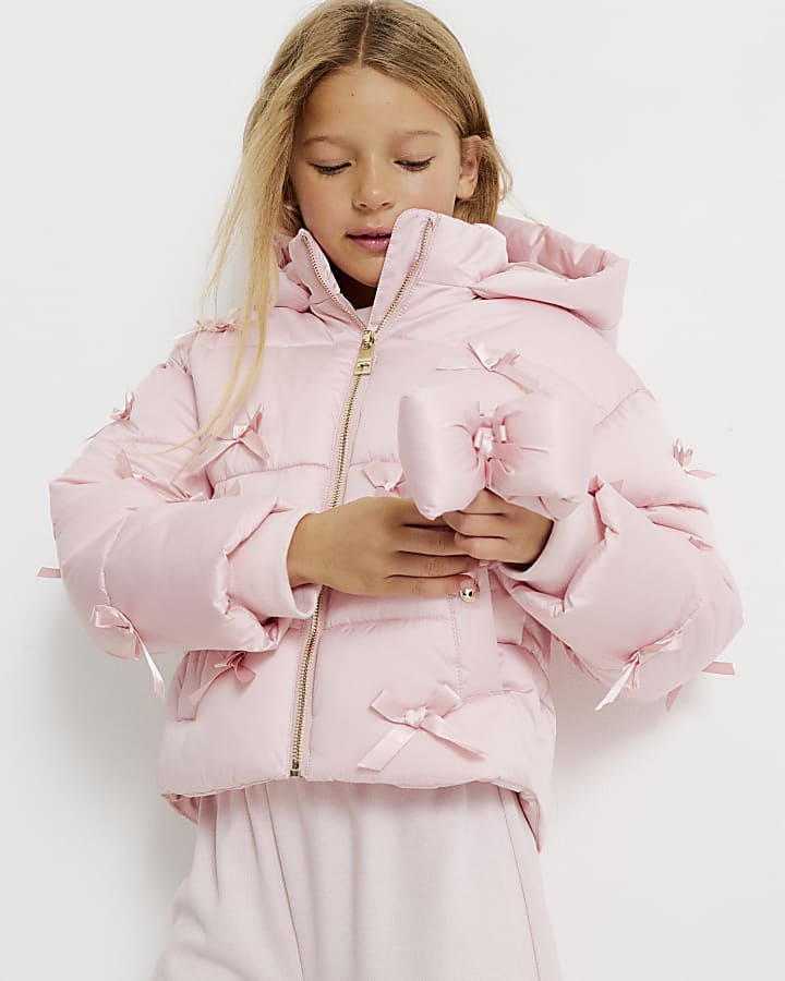 Girls Pink 3D Bow Padded Jacket