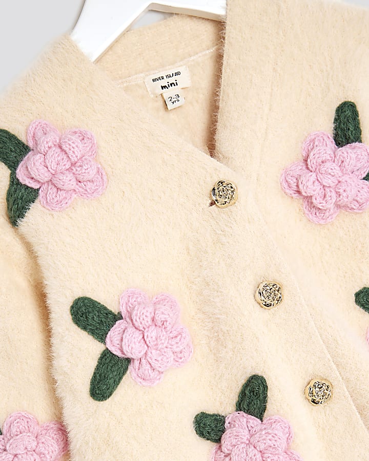 Mini Girls Cream Fluff Flower Cardigan Set
