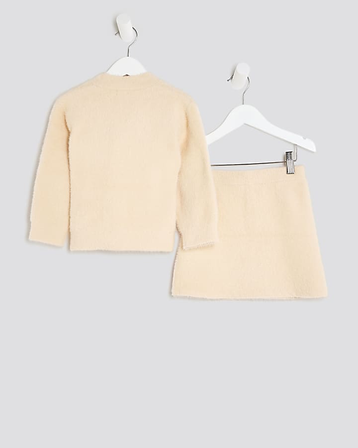Mini Girls Cream Fluff Flower Cardigan Set