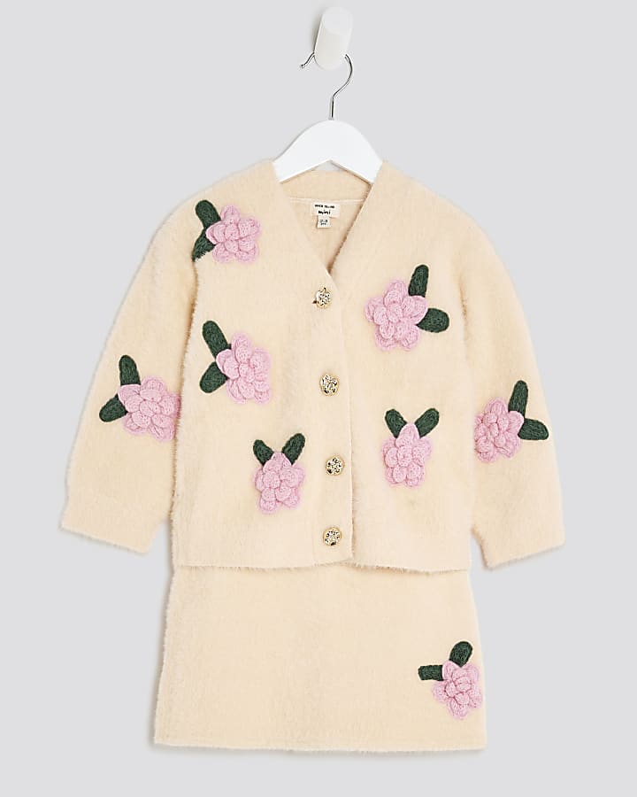 Mini Girls Cream Fluff Flower Cardigan Set