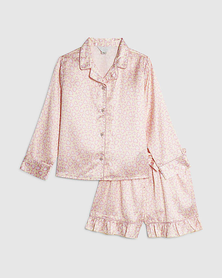 Girls Pink Leopard Satin Pyjamas Set