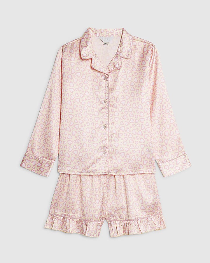 Girls Pink Leopard Satin Pyjamas Set