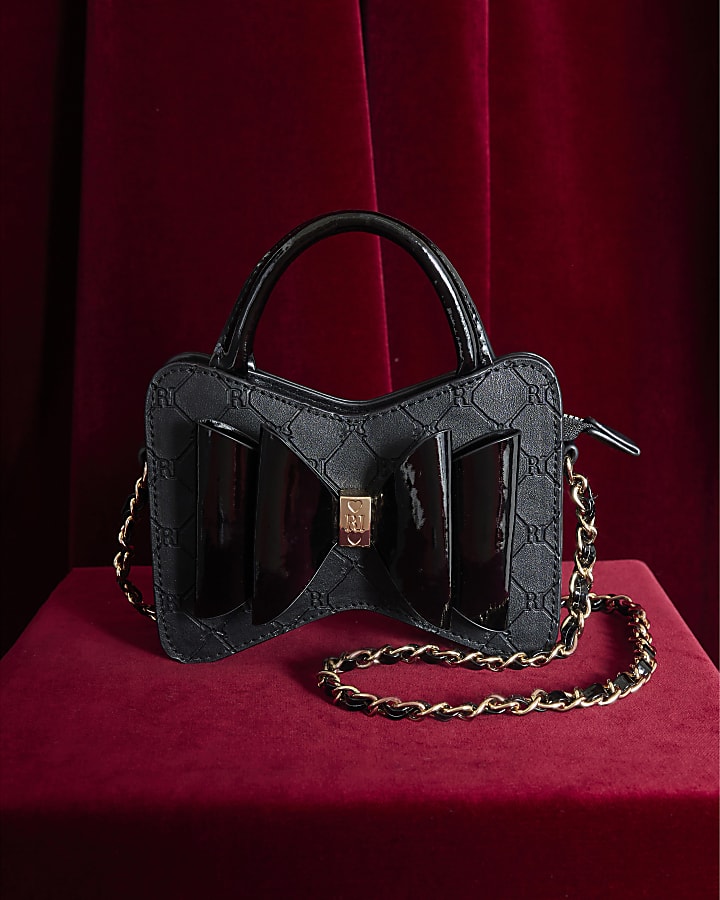 Girls Black Bow Top Handle Cross Body Bag