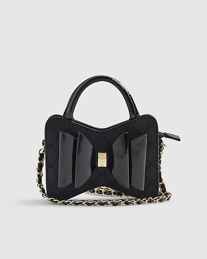 Girls Black Bow Top Handle Cross Body Bag