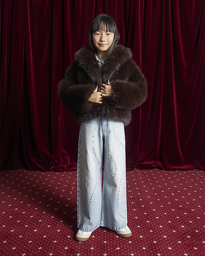 Girls Brown Short Faux Fur Coat