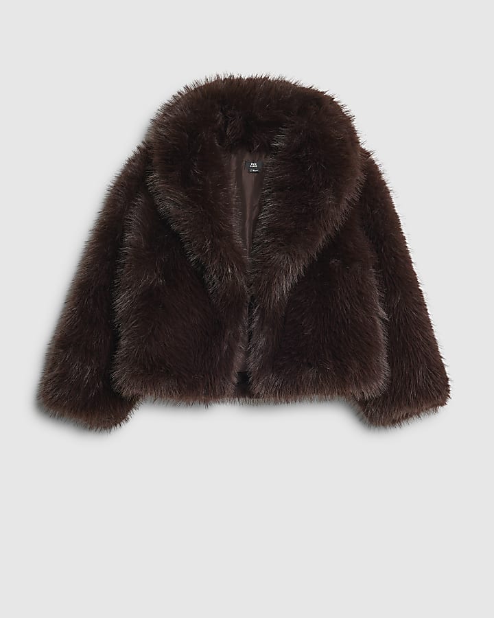Girls Brown Short Faux Fur Coat