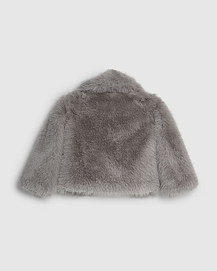 Girls Grey Short Faux Fur Coat