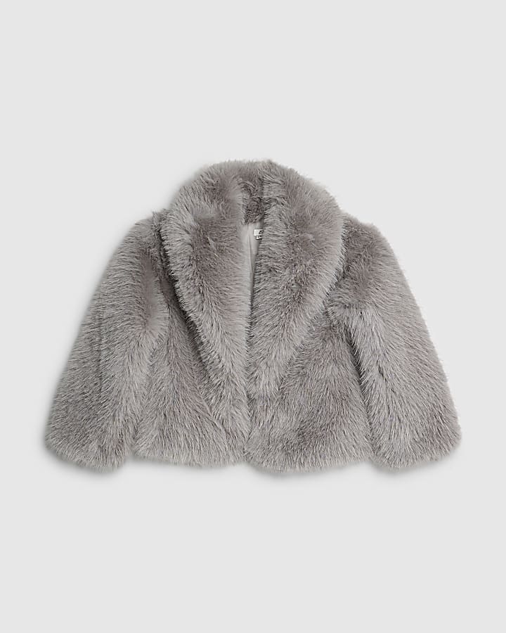 Girls Grey Short Faux Fur Coat