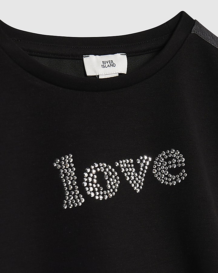 Girls Black Diamante Love T-Shirt