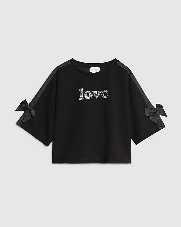 Girls Black Diamante Love T-Shirt