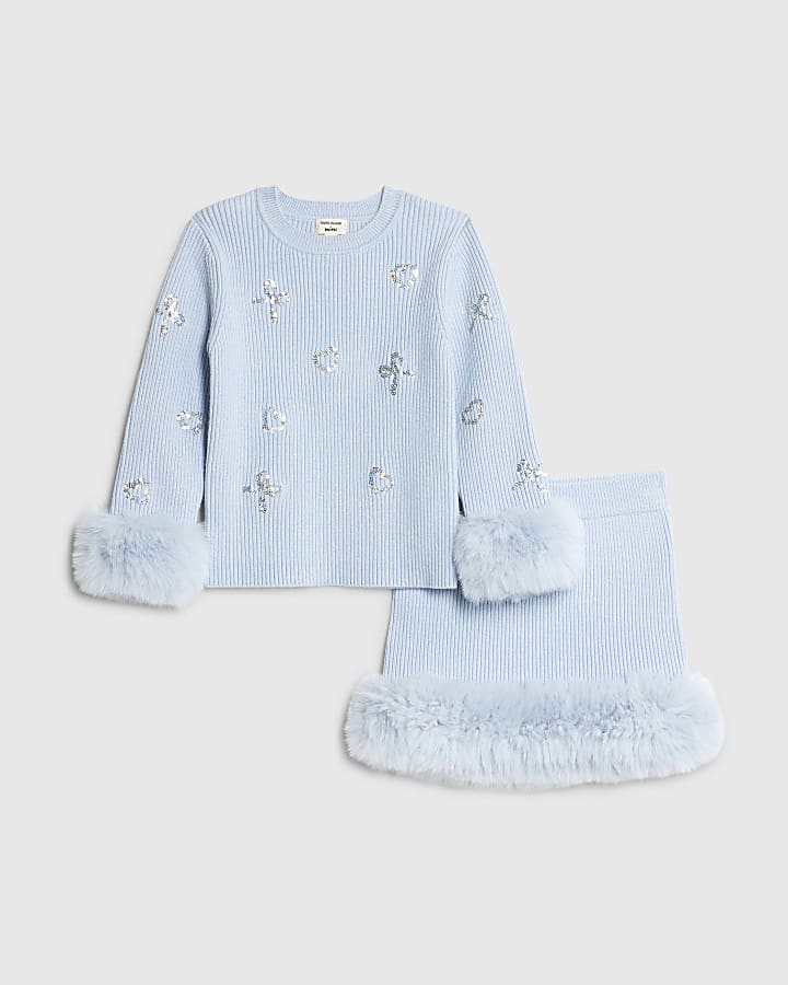 Mini Girls Blue Sequin Fur Sweatshirt Set