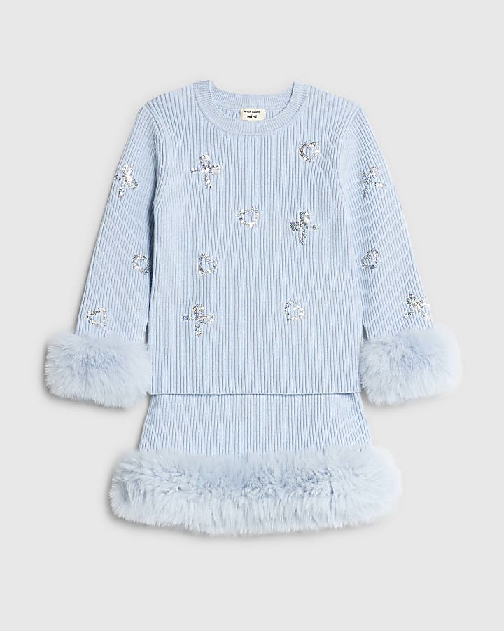 Mini Girls Blue Sequin Fur Sweatshirt Set