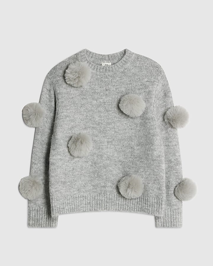 Girls Grey Pom Pom Jumper