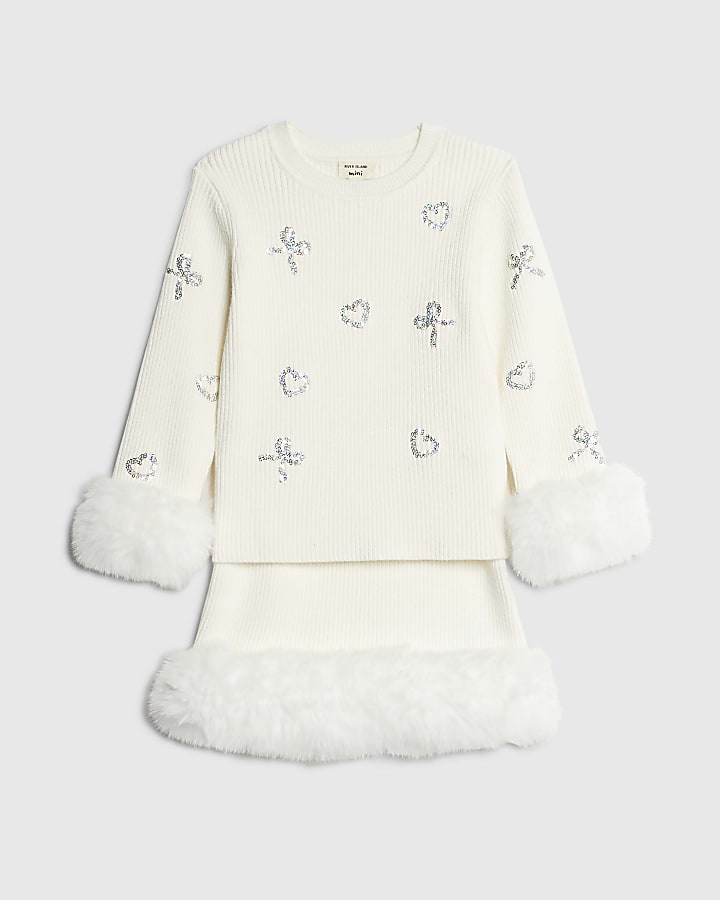 Mini Girls White Sequin Fur Sweatshirt Set