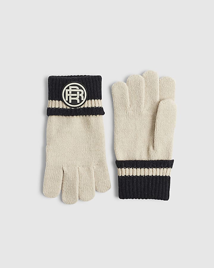 Boys Beige Colour Block Knitted Gloves
