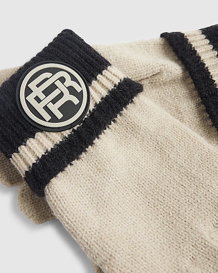 Boys Beige Colour Block Knitted Gloves