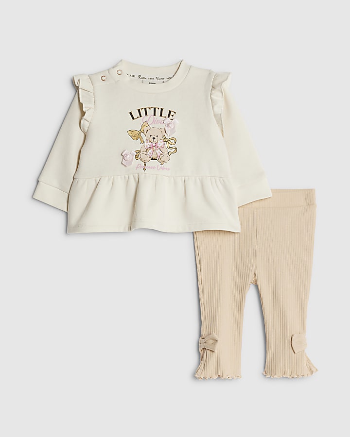 Baby Girls Beige Bear Peplum Sweatshirt Set