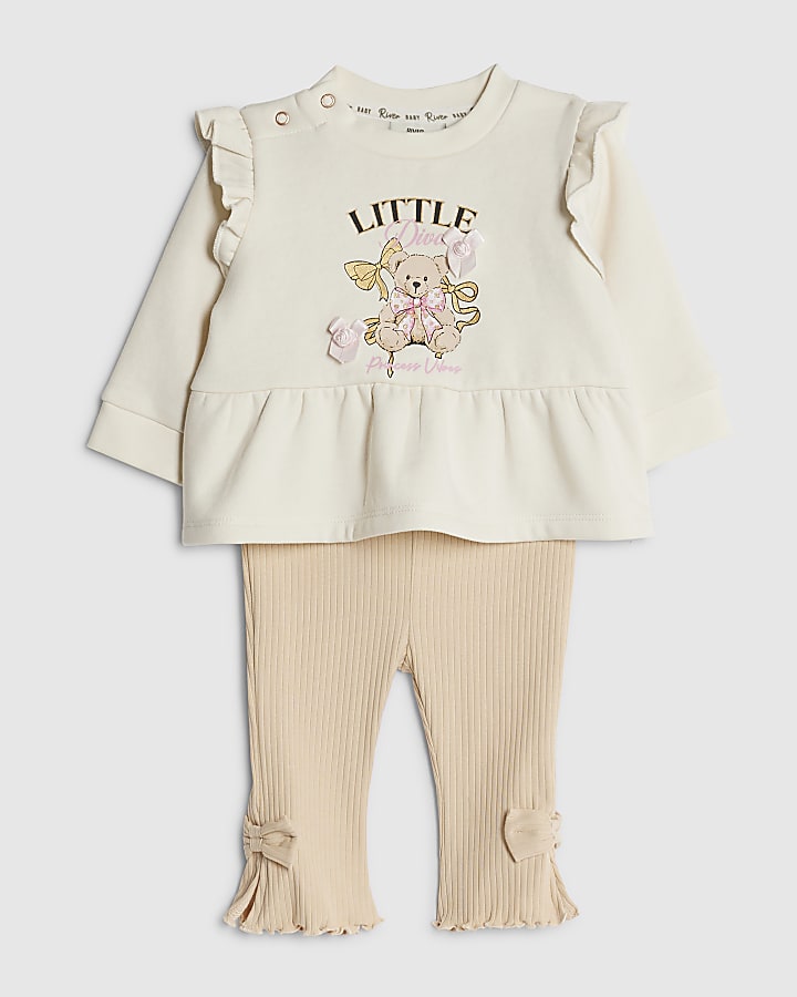 Baby Girls Beige Bear Peplum Sweatshirt Set