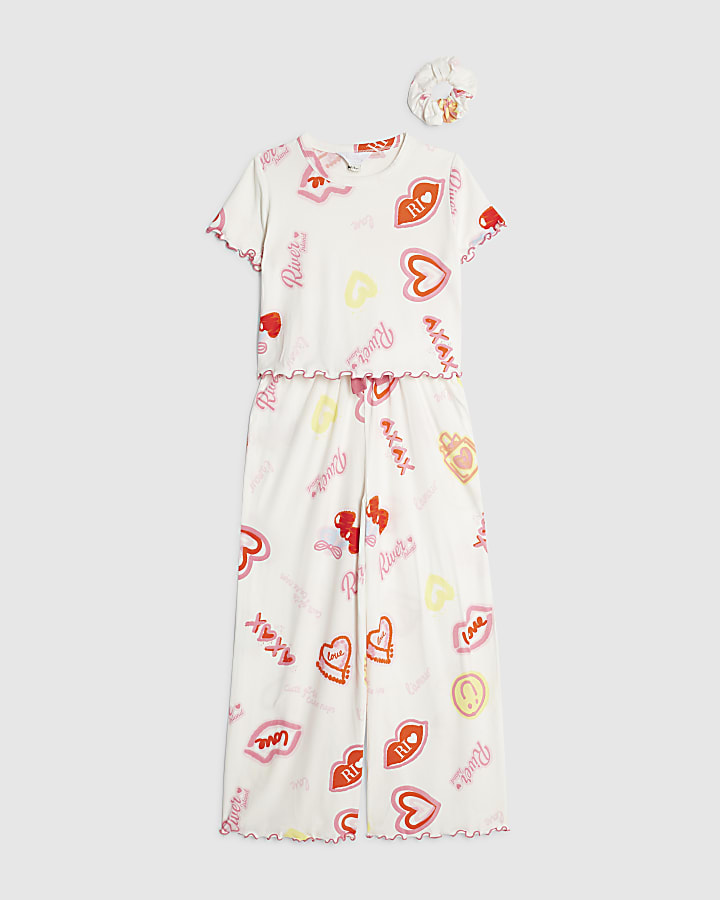 Girls Cream Doodle Print Pyjamas Set