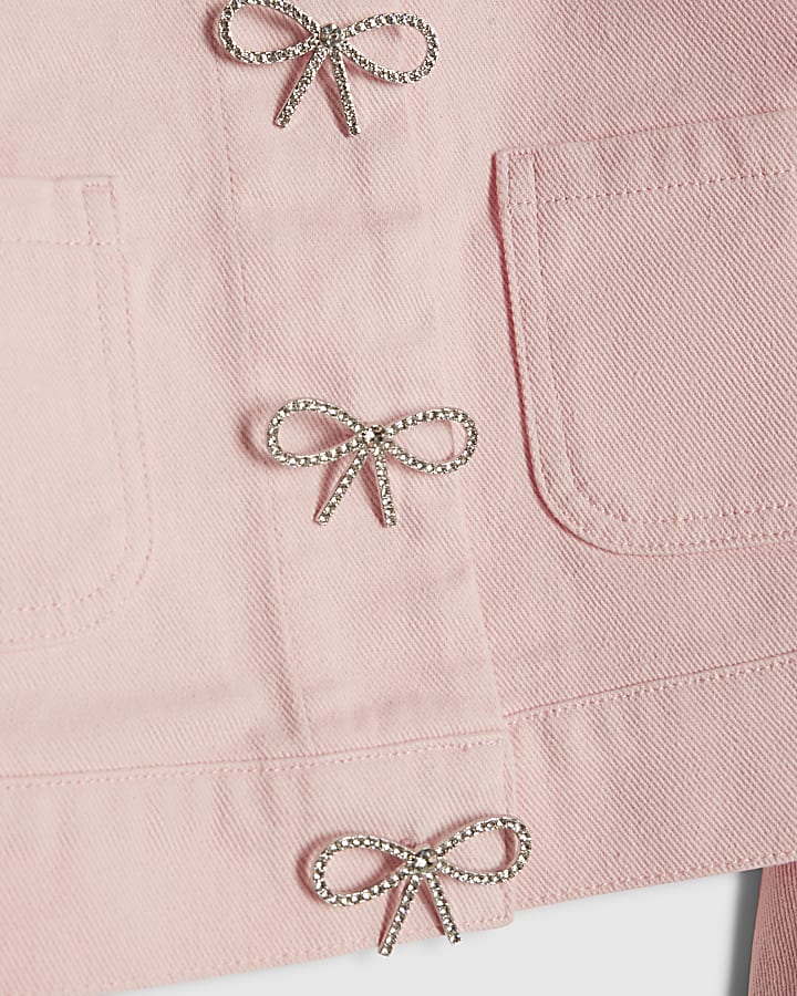 Girls Pink Denim Diamante Bow Skirt Set