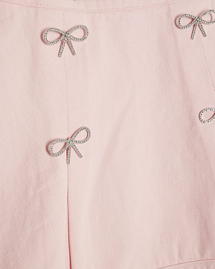 Girls Pink Denim Diamante Bow Skirt Set