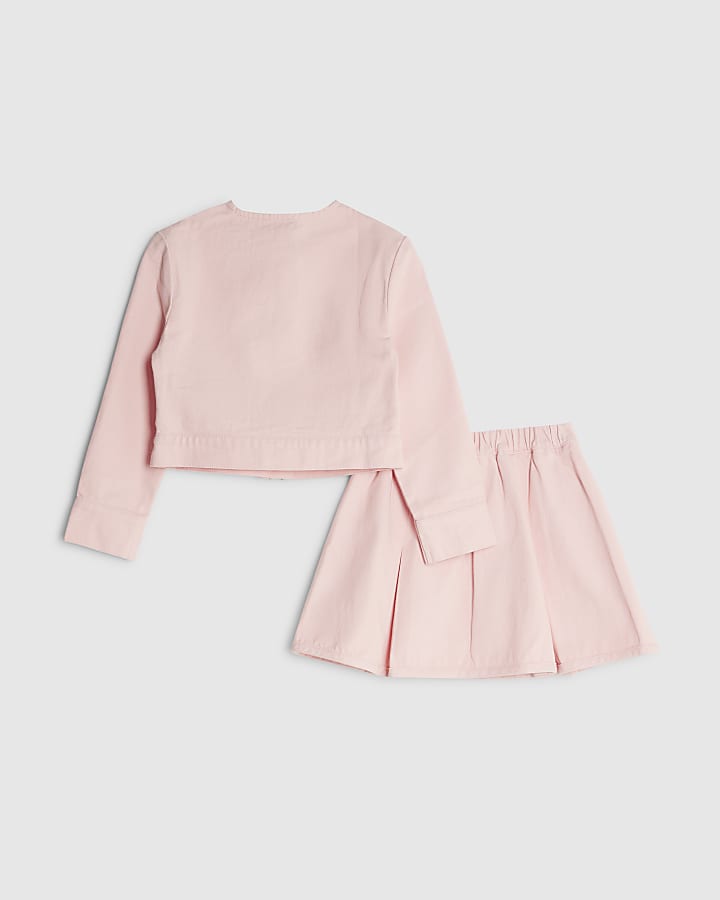 Girls Pink Denim Diamante Bow Skirt Set