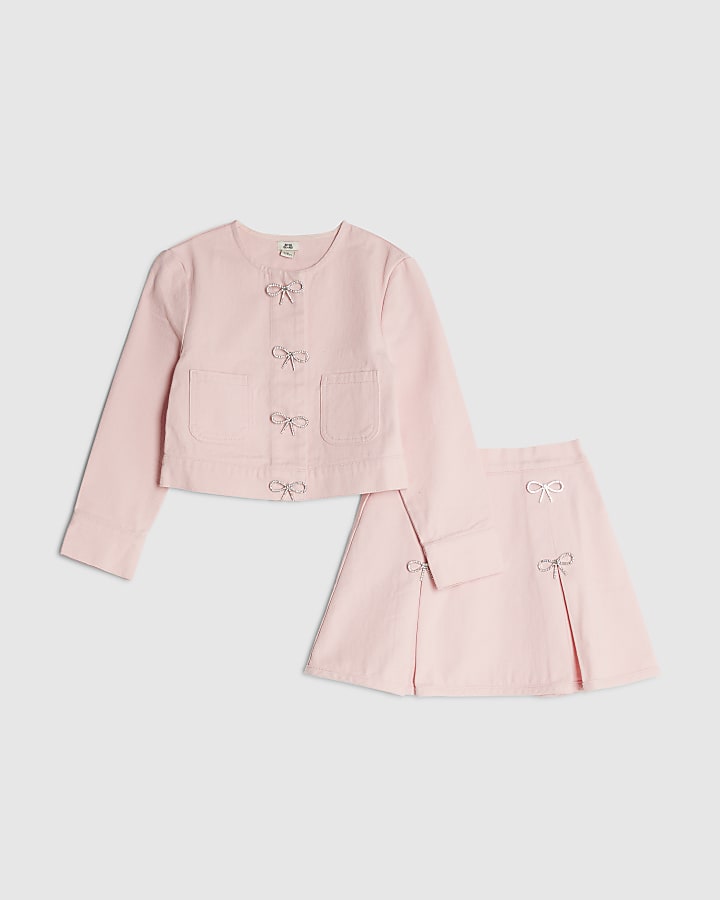 Girls Pink Denim Diamante Bow Skirt Set