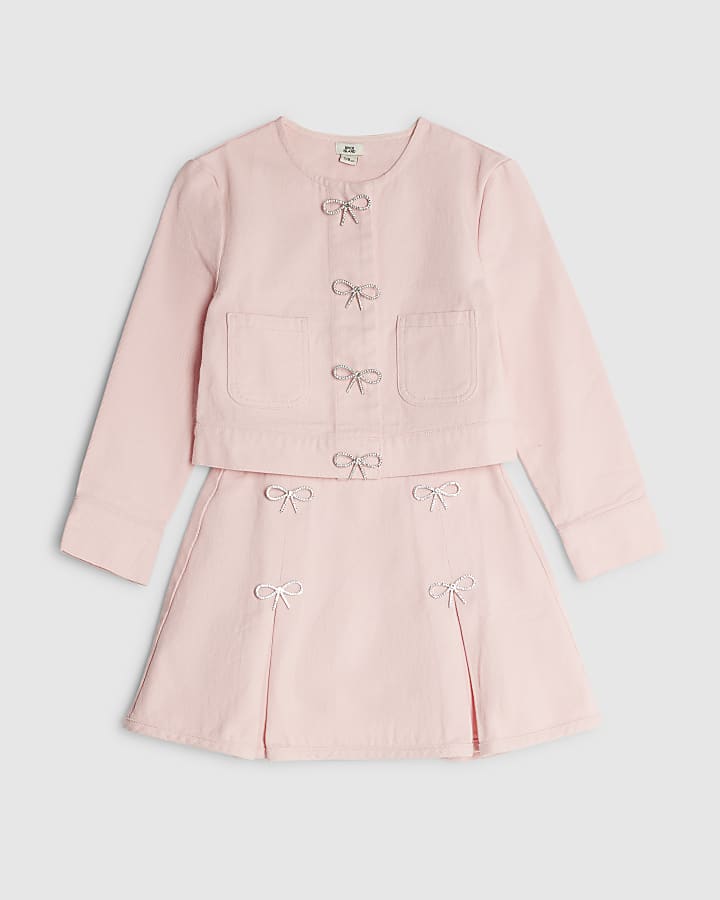 Girls Pink Denim Diamante Bow Skirt Set