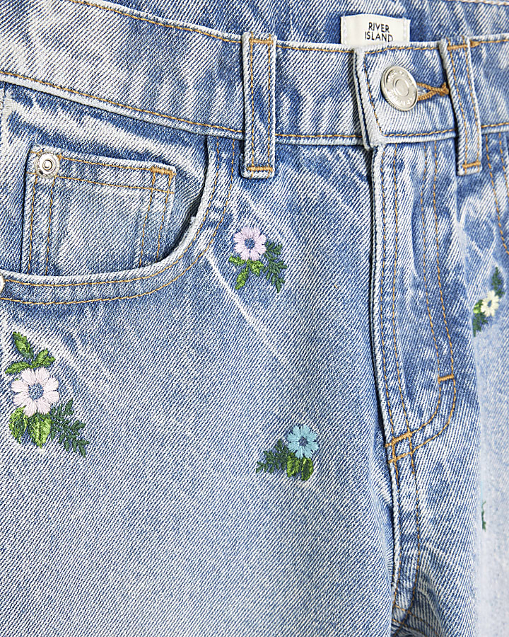 Girls Blue Floral Embroidered Straight Jeans