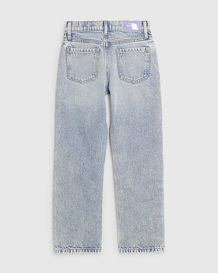 Girls Blue Floral Embroidered Straight Jeans