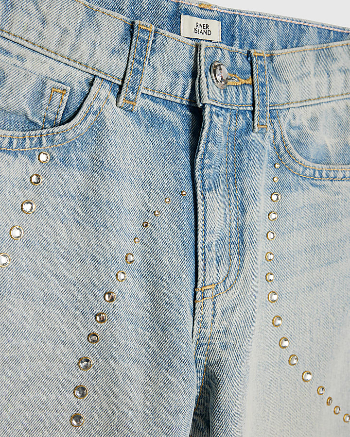 Girls Blue Diamante Wide Leg Jeans